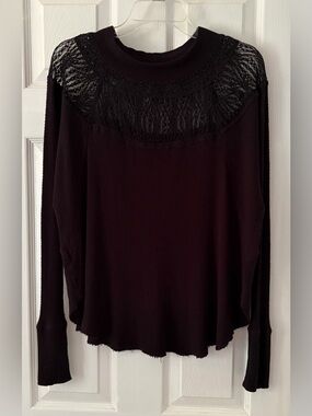 Free People Black Lace Yoke Long Sleeve Scoop Sweater